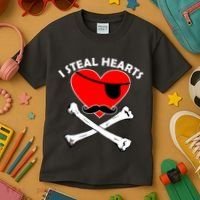 I Steal Hearts Pirate Crossbones Mustache Valentine's Day Design Kids T-Shirt thumb 3