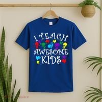I Teach Awesome Kids Autism Awareness Teacher T-Shirt thumb 2