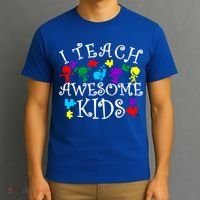 I Teach Awesome Kids Autism Awareness Teacher T-Shirt thumb 3