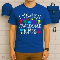 I Teach Awesome Kids Autism Awareness Teacher T-Shirt thumb 6