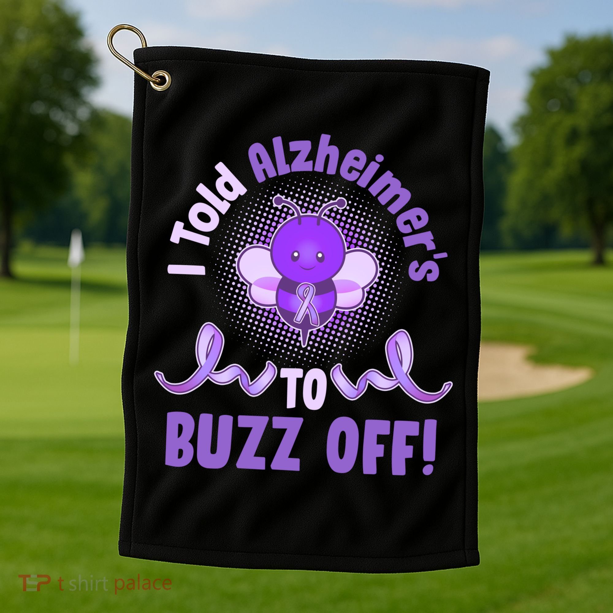 I Told Alzheimer's To Buzz Off Purple Ribbon Bee Golf Towel