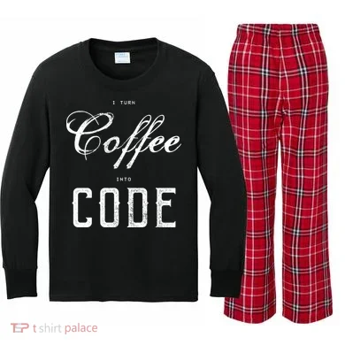 I Turn Coffee Into Code Kids Long Sleeve Plaid Pajama Set