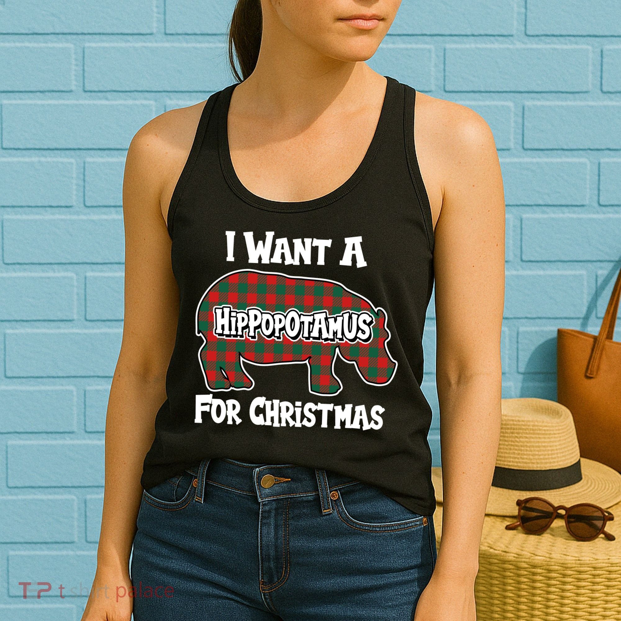 I Want A Hippopotamus For Christmas Buffalo Plaid Hippo Women's Tank Top