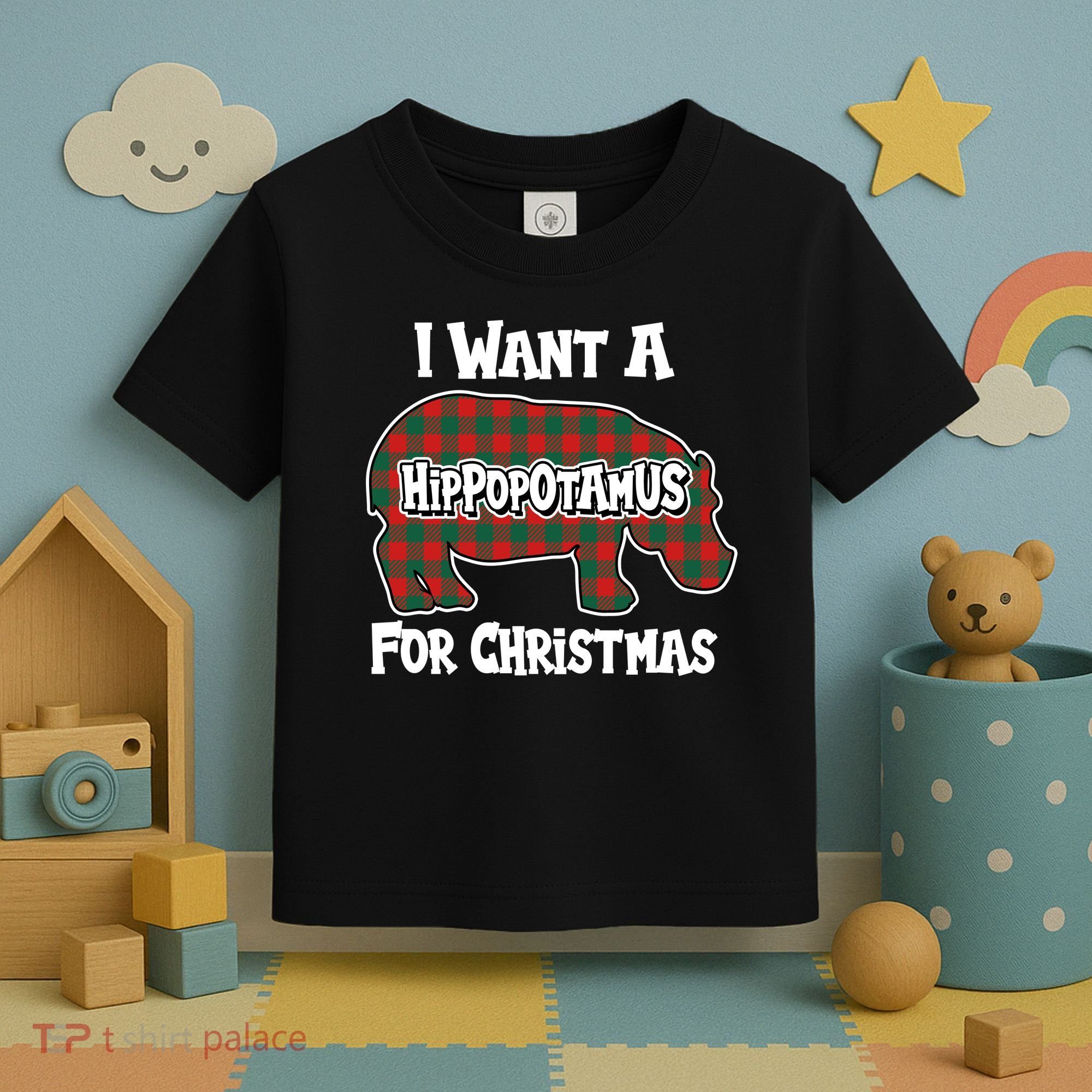 I Want A Hippopotamus For Christmas Buffalo Plaid Hippo Toddler T-Shirt