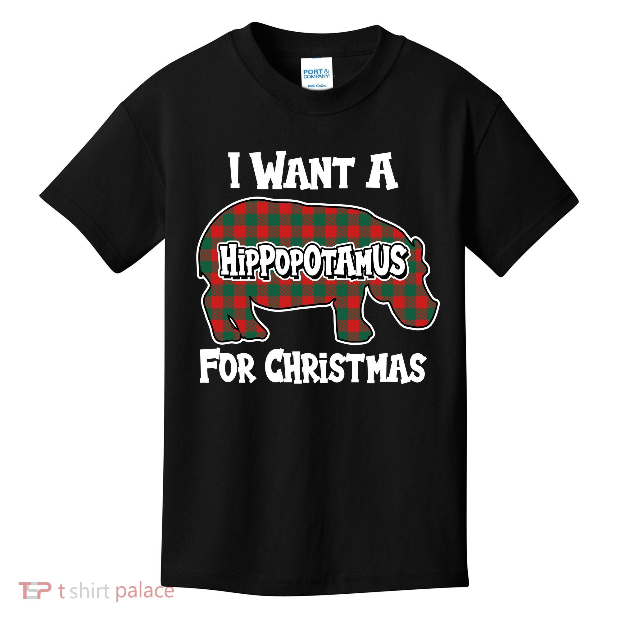 I Want A Hippopotamus For Christmas Buffalo Plaid Hippo Kids T-Shirt