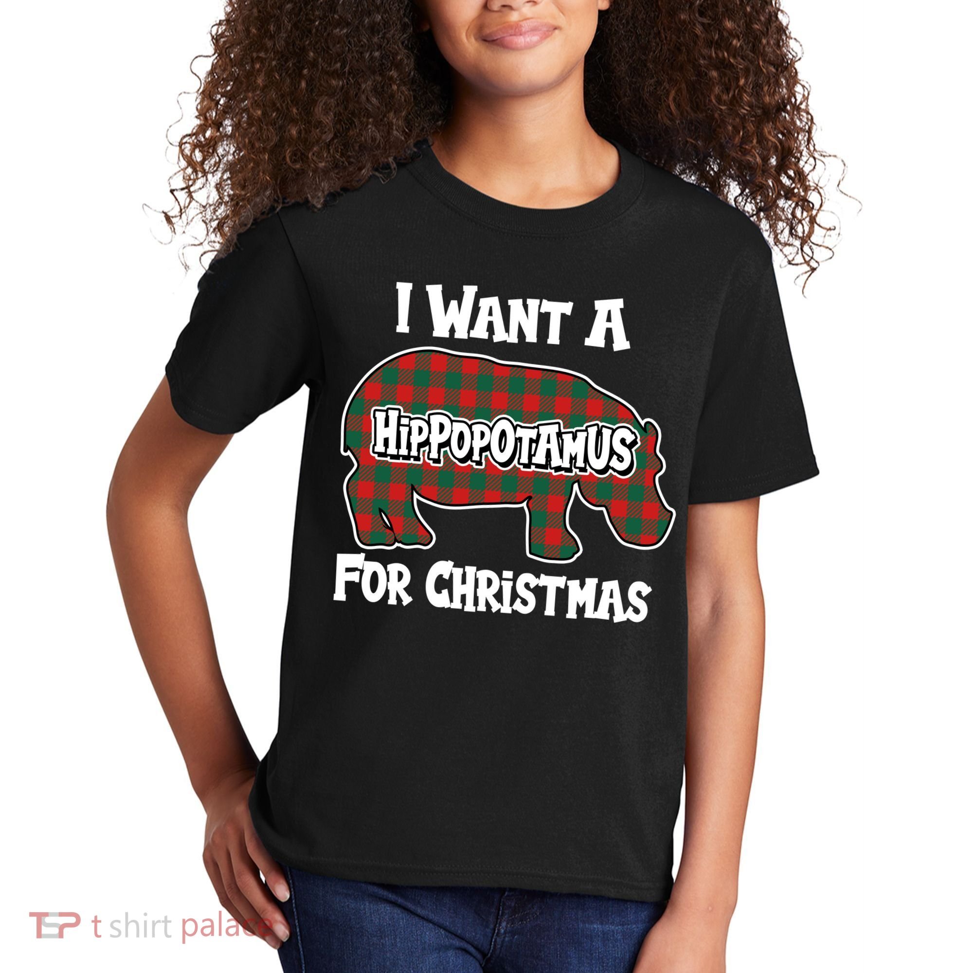 I Want A Hippopotamus For Christmas Buffalo Plaid Hippo Kids T-Shirt