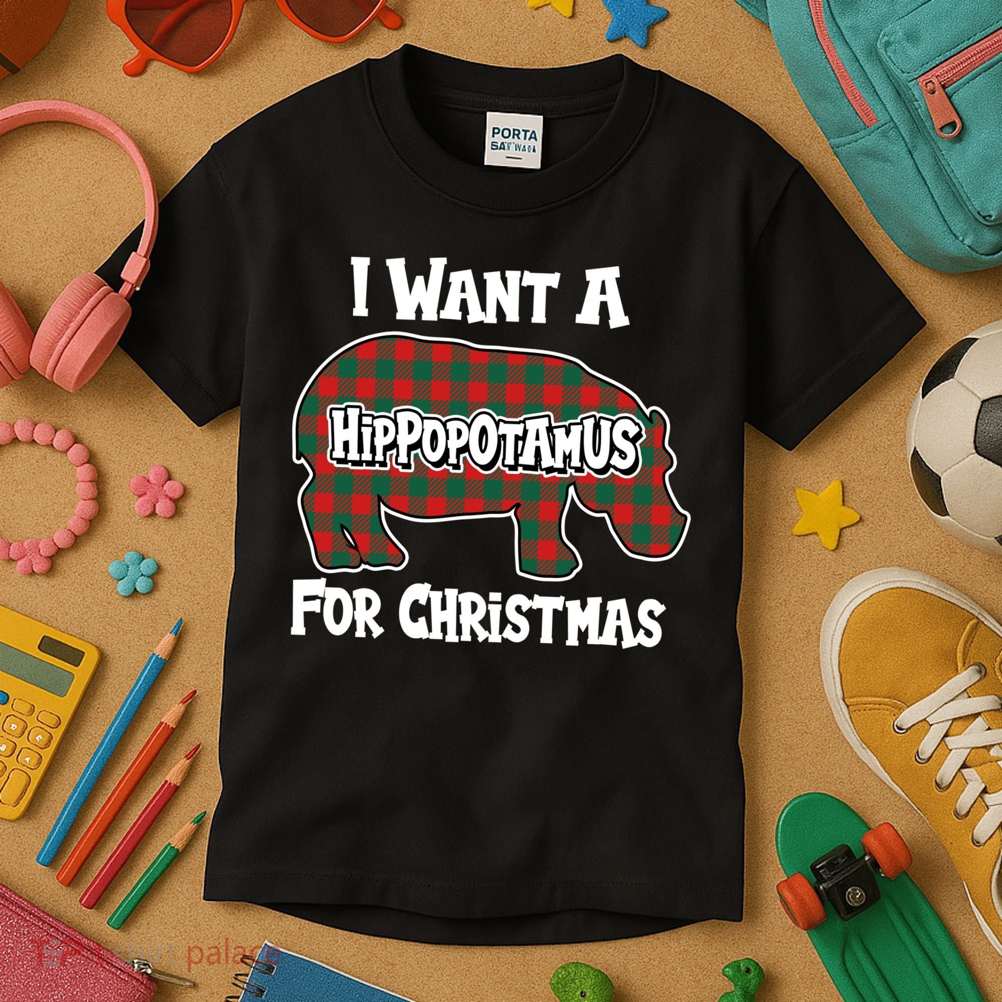 I Want A Hippopotamus For Christmas Buffalo Plaid Hippo Kids T-Shirt