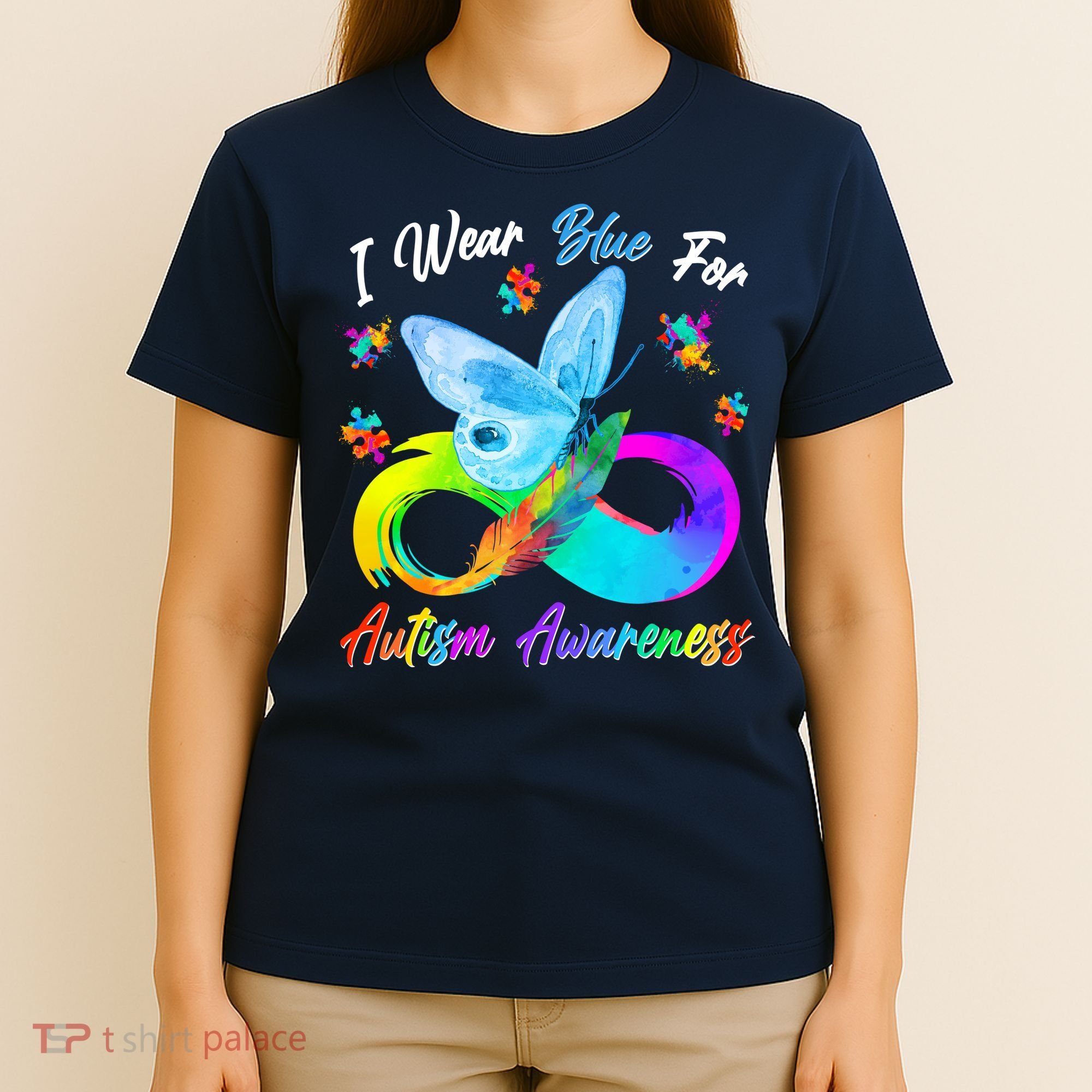 I Wear Blue For Autism Awareness Butterfly Infinity Rainbow  T-Shirt