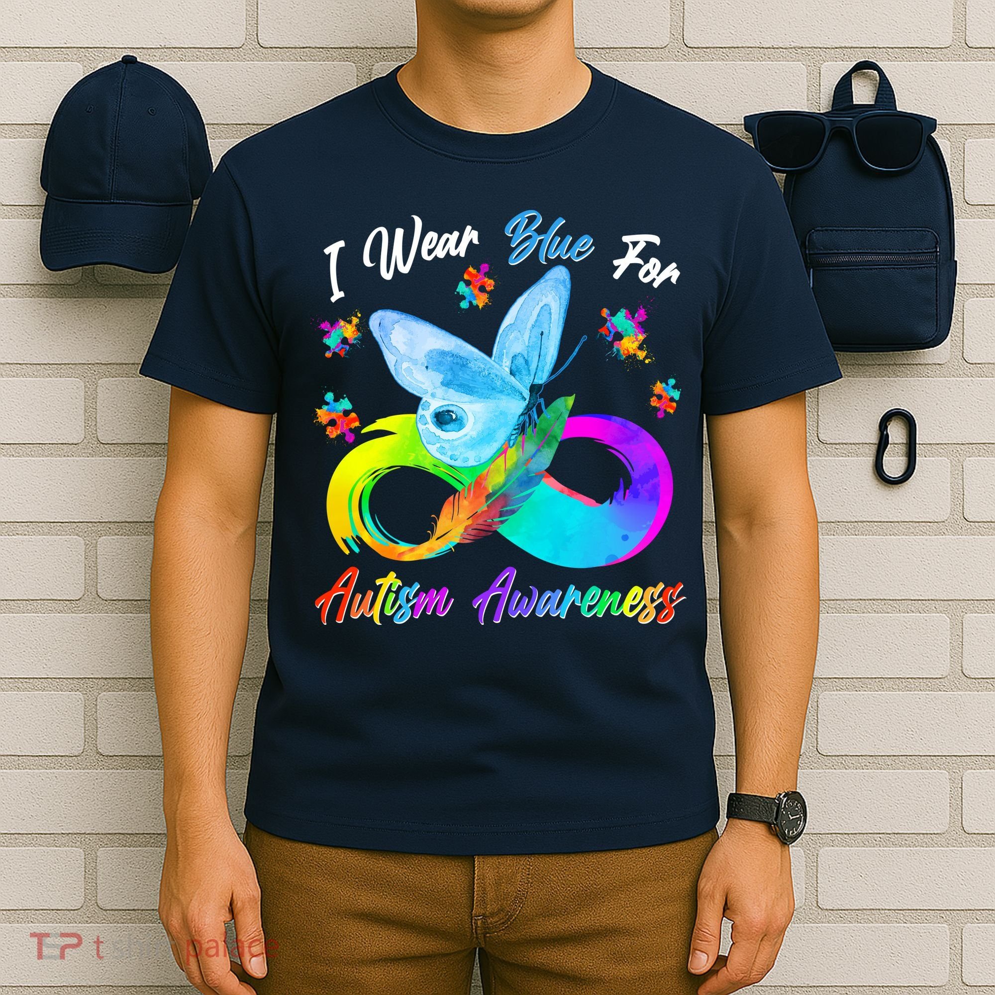 I Wear Blue For Autism Awareness Butterfly Infinity Rainbow  T-Shirt