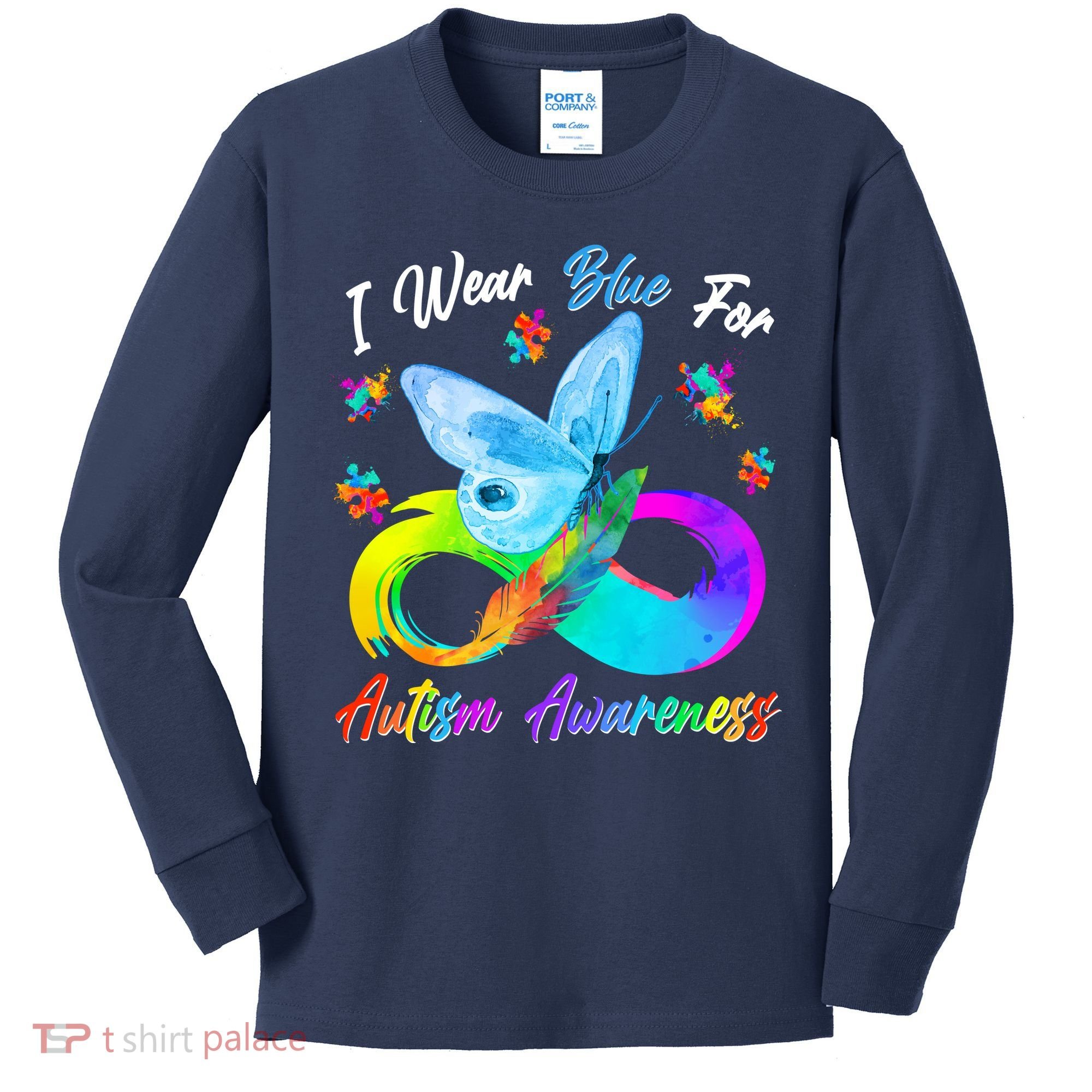I Wear Blue For Autism Awareness Butterfly Infinity Rainbow  Kids Long Sleeve Shirt