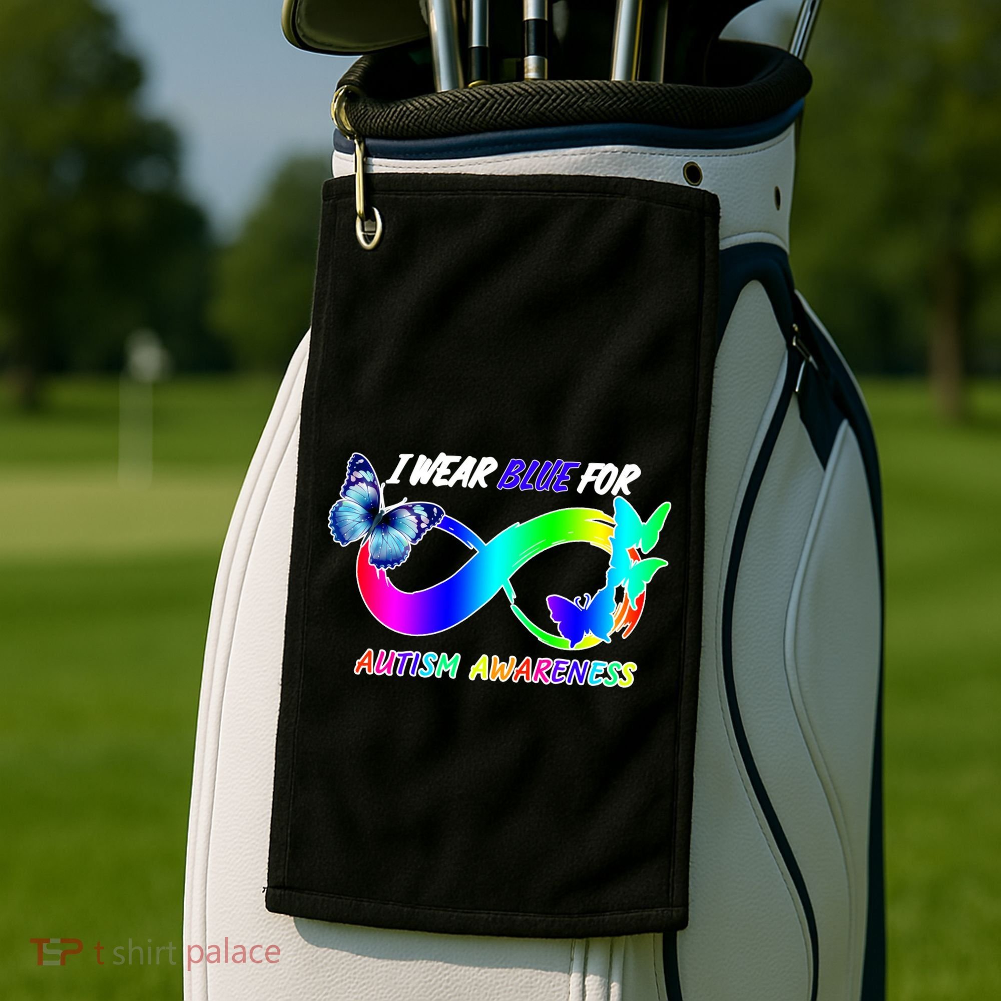 I Wear Blue For Autism Awareness Butterfly Ribbon Golf Towel