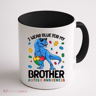 I Wear Blue For My Brother Autism Awareness T-Rex Dinosaur Coffee Mug back