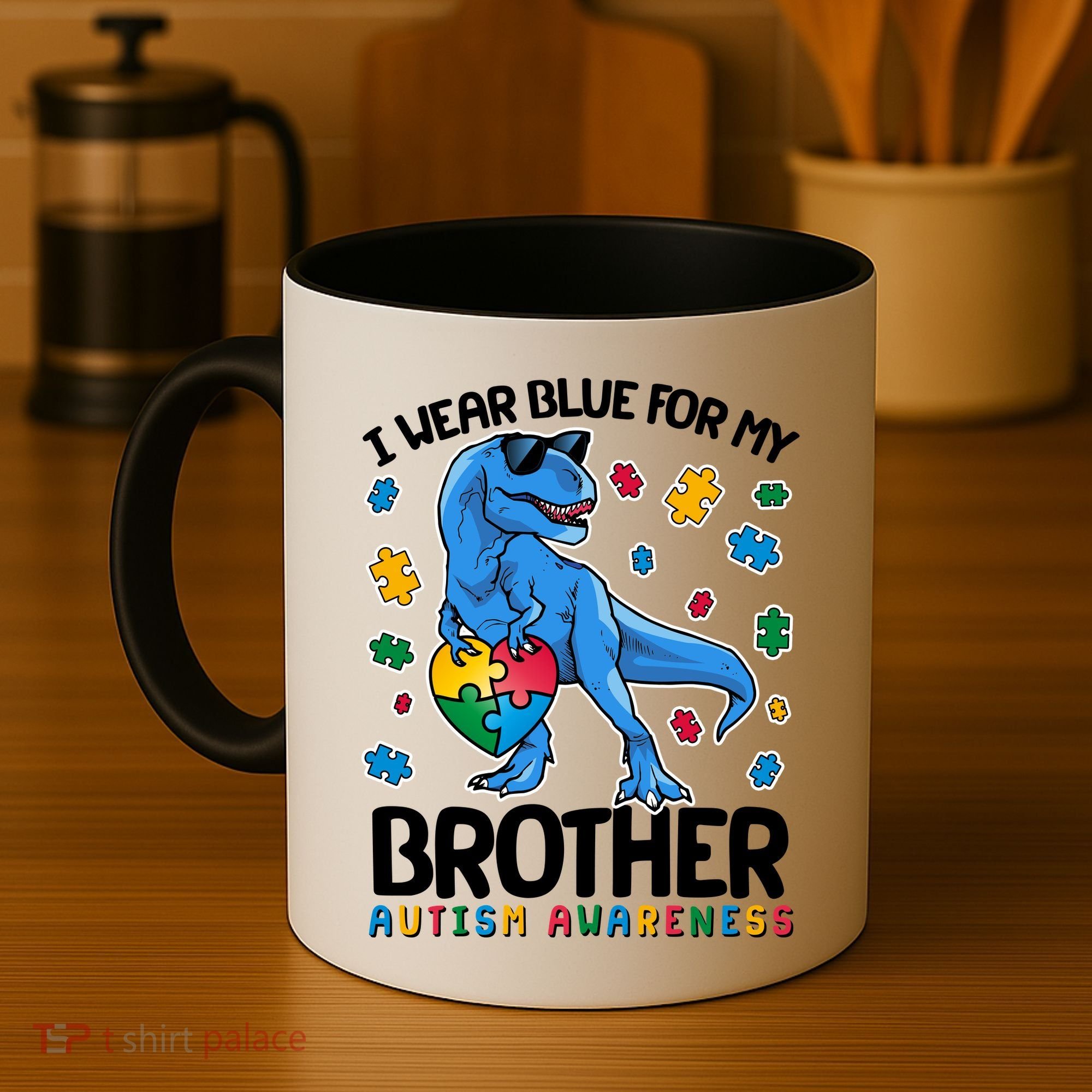 I Wear Blue For My Brother Autism Awareness T-Rex Dinosaur Coffee Mug