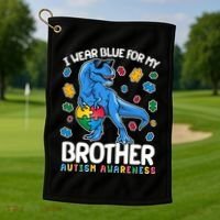 I Wear Blue For My Brother Autism Awareness T-Rex Dinosaur Golf Towel thumb 1