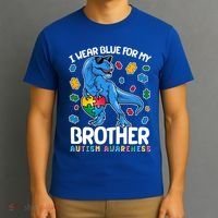 I Wear Blue For My Brother Autism Awareness T-Rex Dinosaur T-Shirt thumb 3