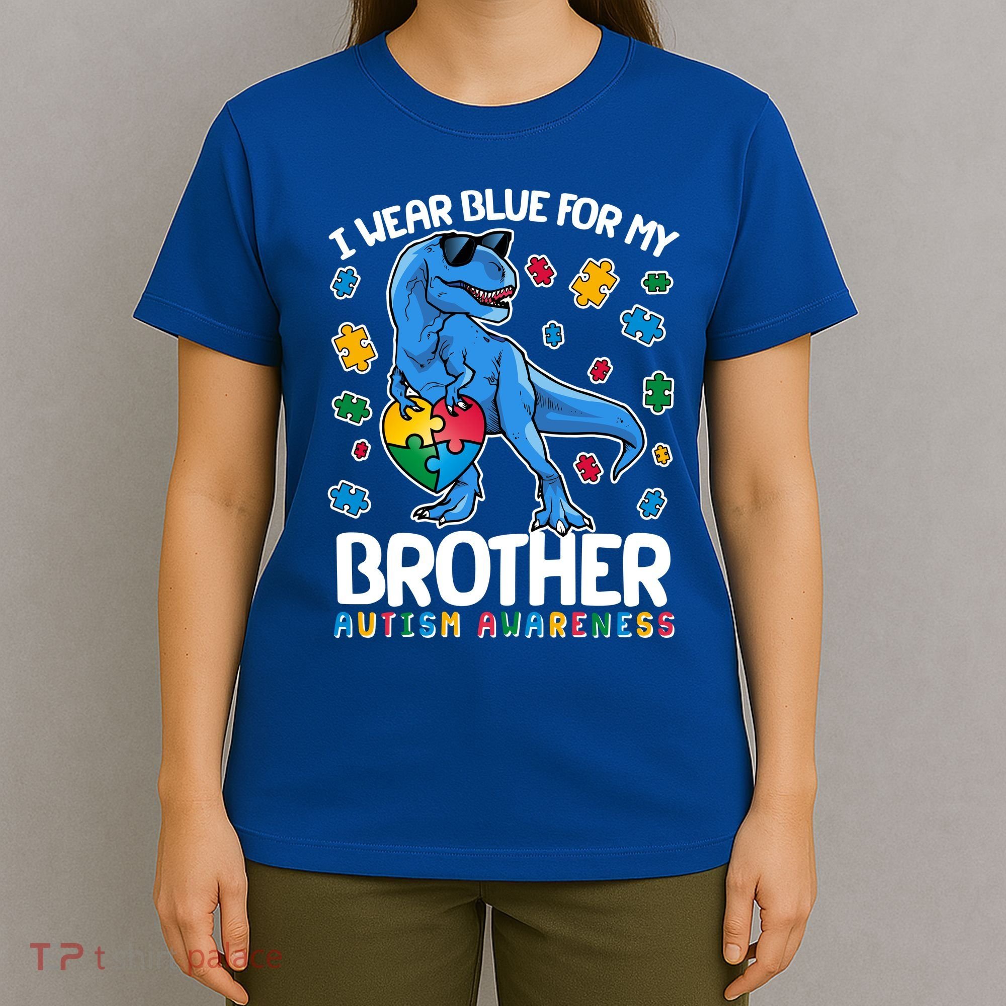 I Wear Blue For My Brother Autism Awareness T-Rex Dinosaur T-Shirt