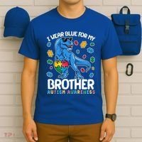 I Wear Blue For My Brother Autism Awareness T-Rex Dinosaur T-Shirt thumb 6