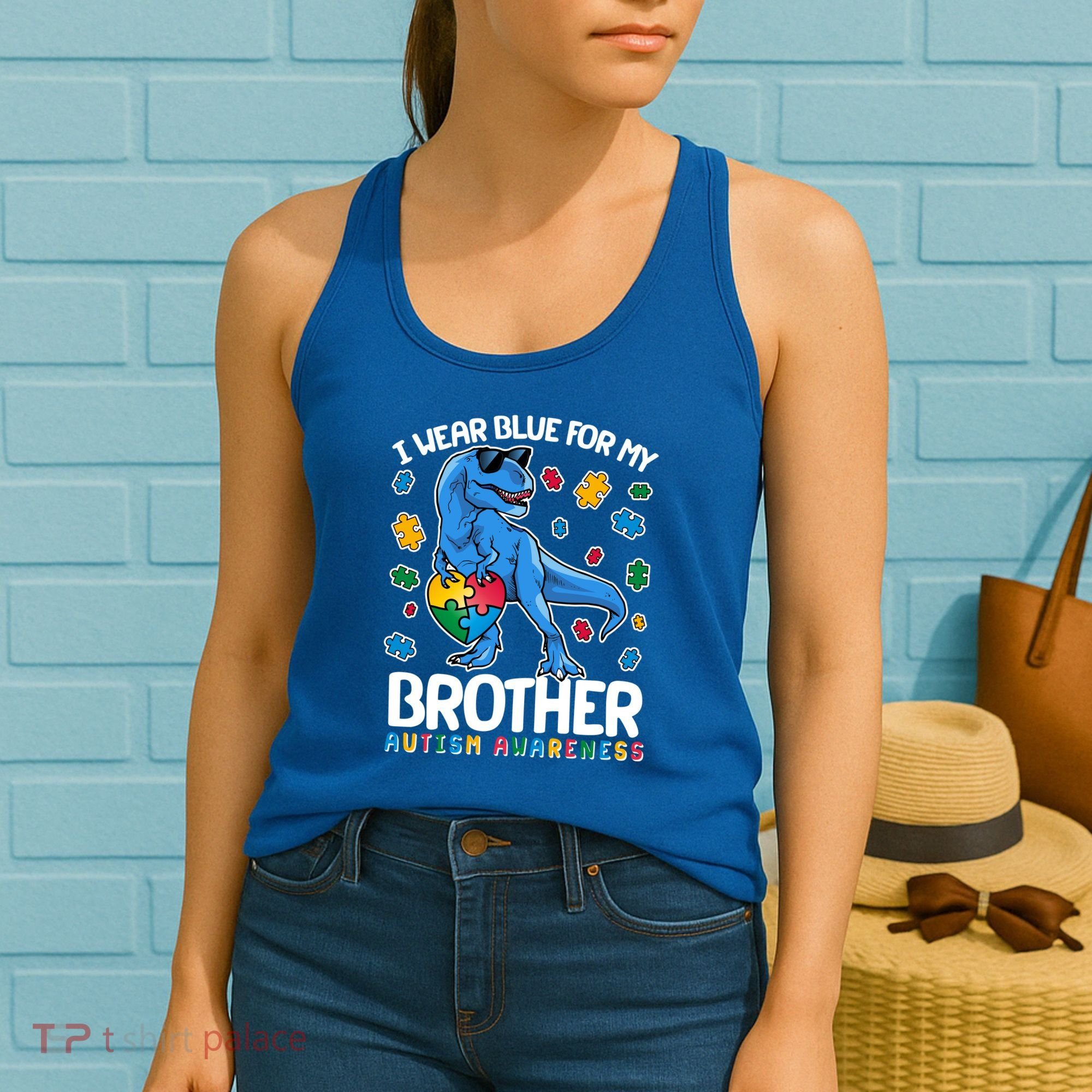 I Wear Blue For My Brother Autism Awareness T-Rex Dinosaur Women's Tank Top