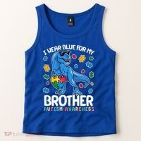 I Wear Blue For My Brother Autism Awareness T-Rex Dinosaur Tank Top thumb 2
