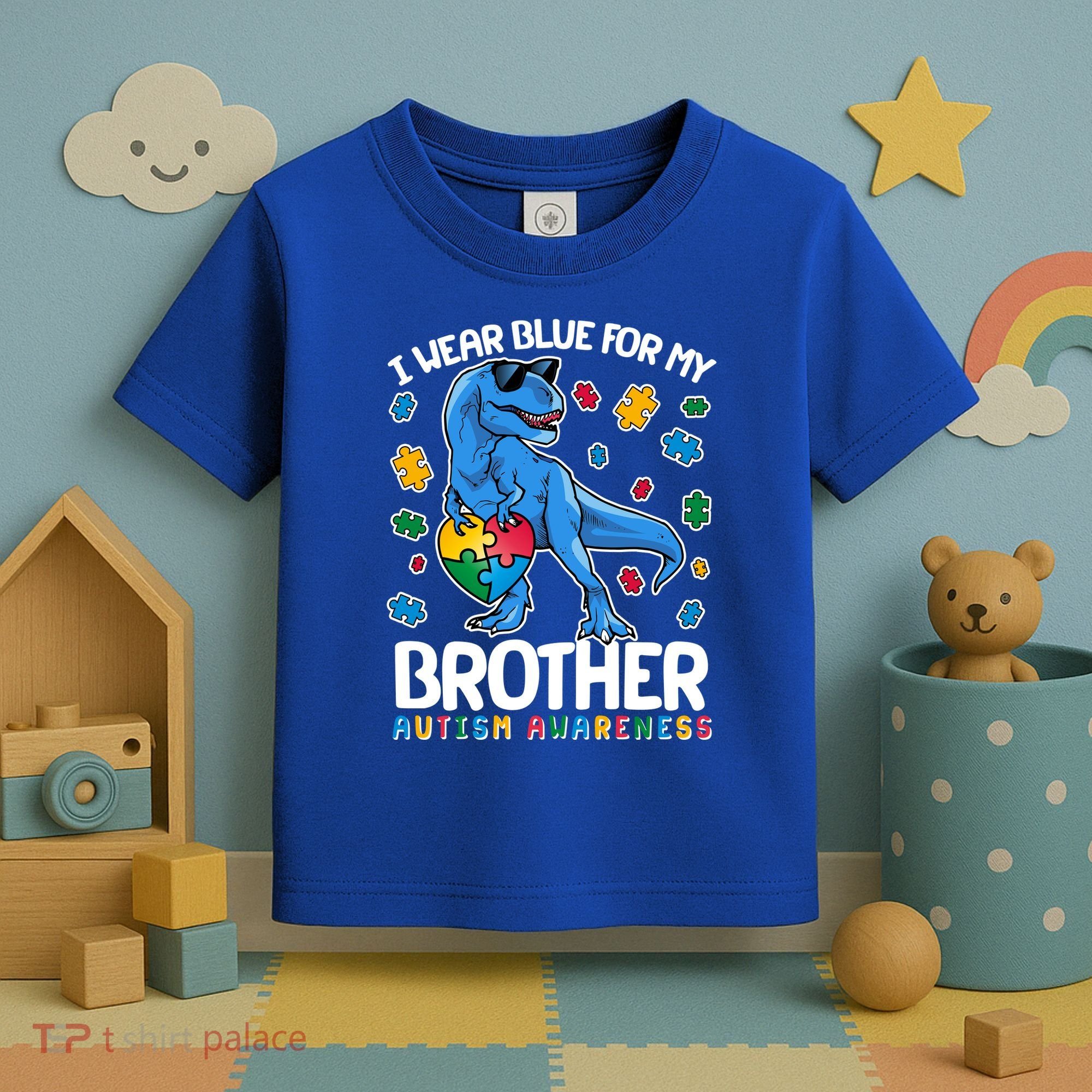 I Wear Blue For My Brother Autism Awareness T-Rex Dinosaur Toddler T-Shirt