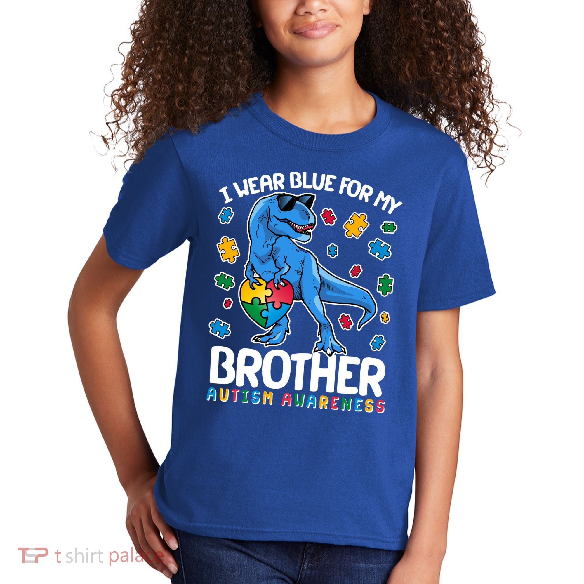 I Wear Blue For My Brother Autism Awareness T-Rex Dinosaur Kids T-Shirt