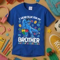 I Wear Blue For My Brother Autism Awareness T-Rex Dinosaur Kids T-Shirt thumb 3