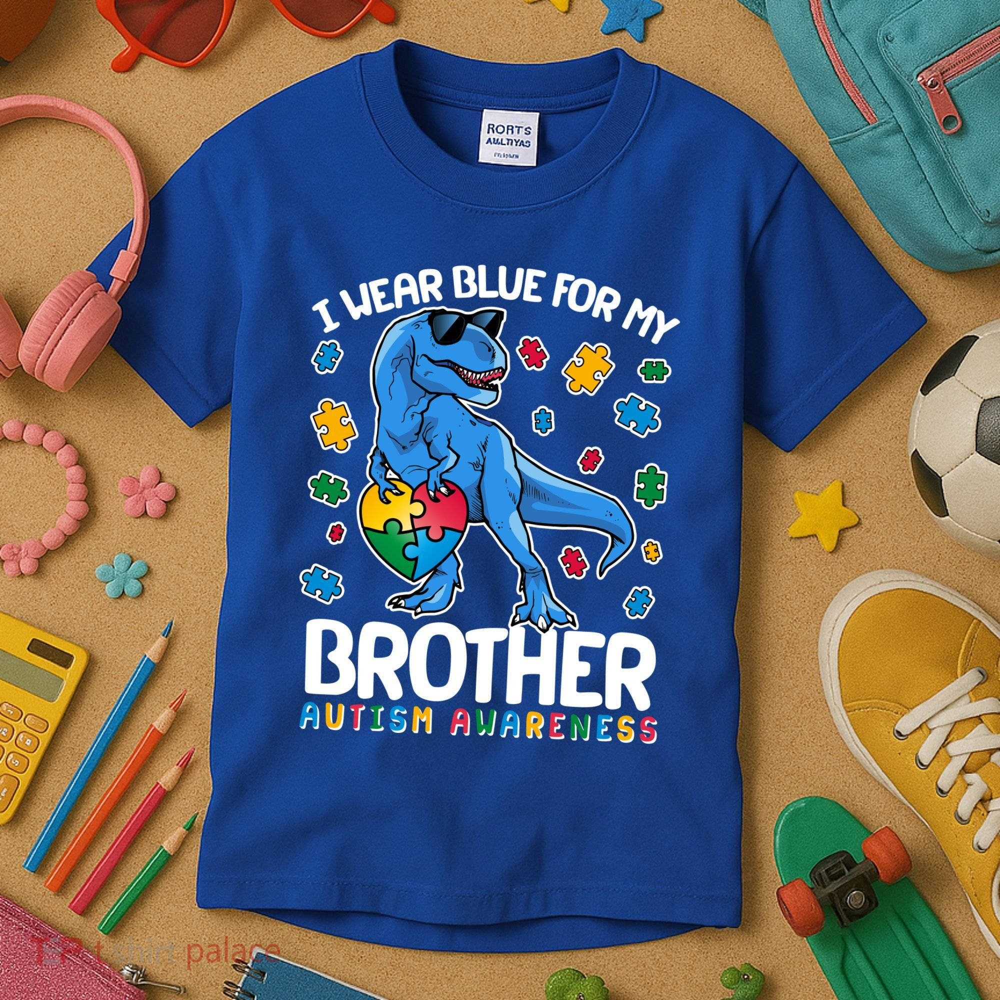 I Wear Blue For My Brother Autism Awareness T-Rex Dinosaur Kids T-Shirt