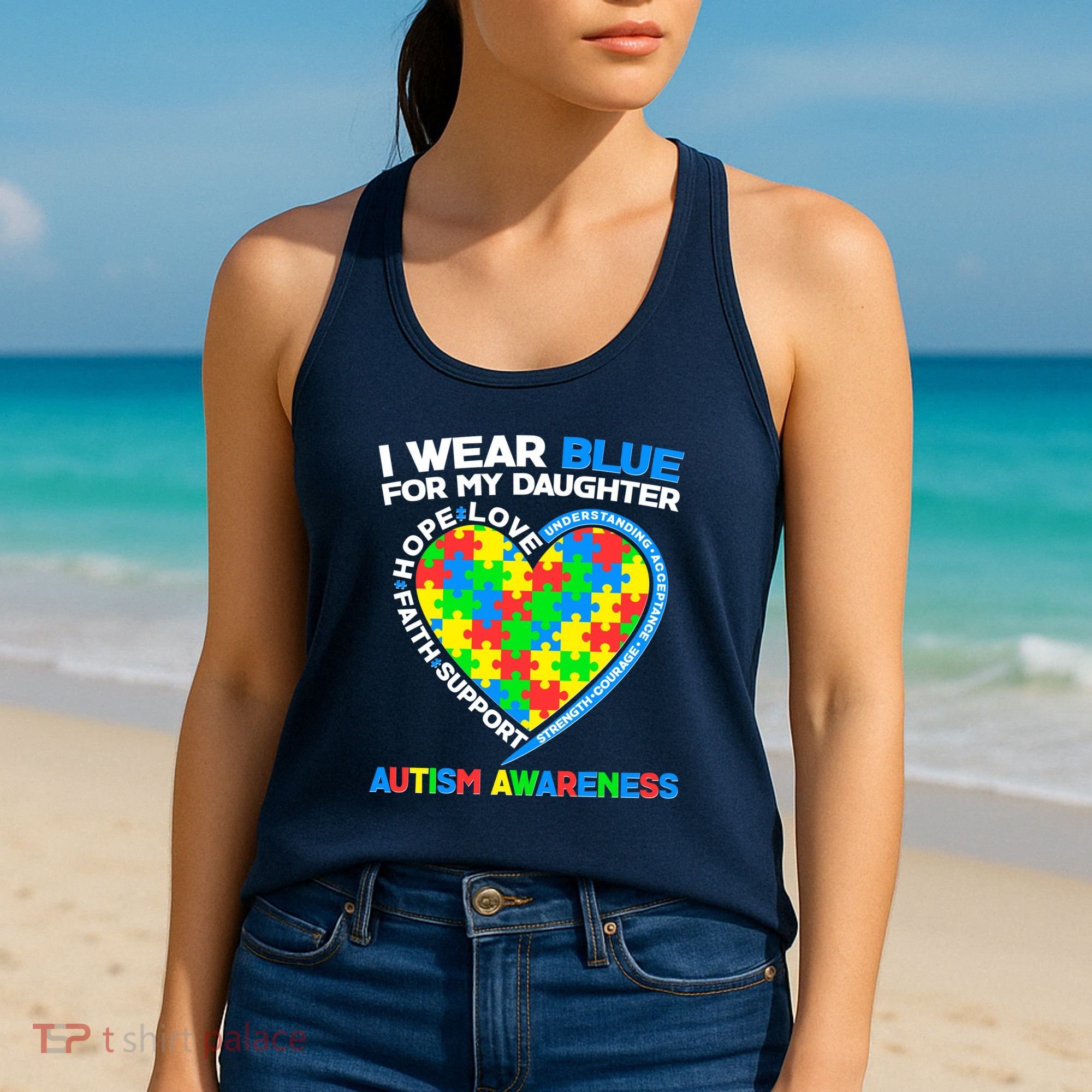 I Wear Blue For My Daughter Autism Awareness Heart Puzzle Women's Tank Top