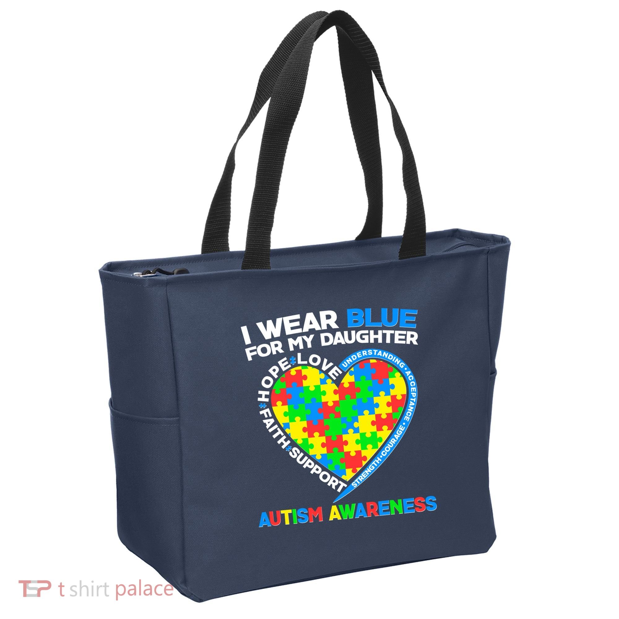I Wear Blue For My Daughter Autism Awareness Heart Puzzle Tote Bag