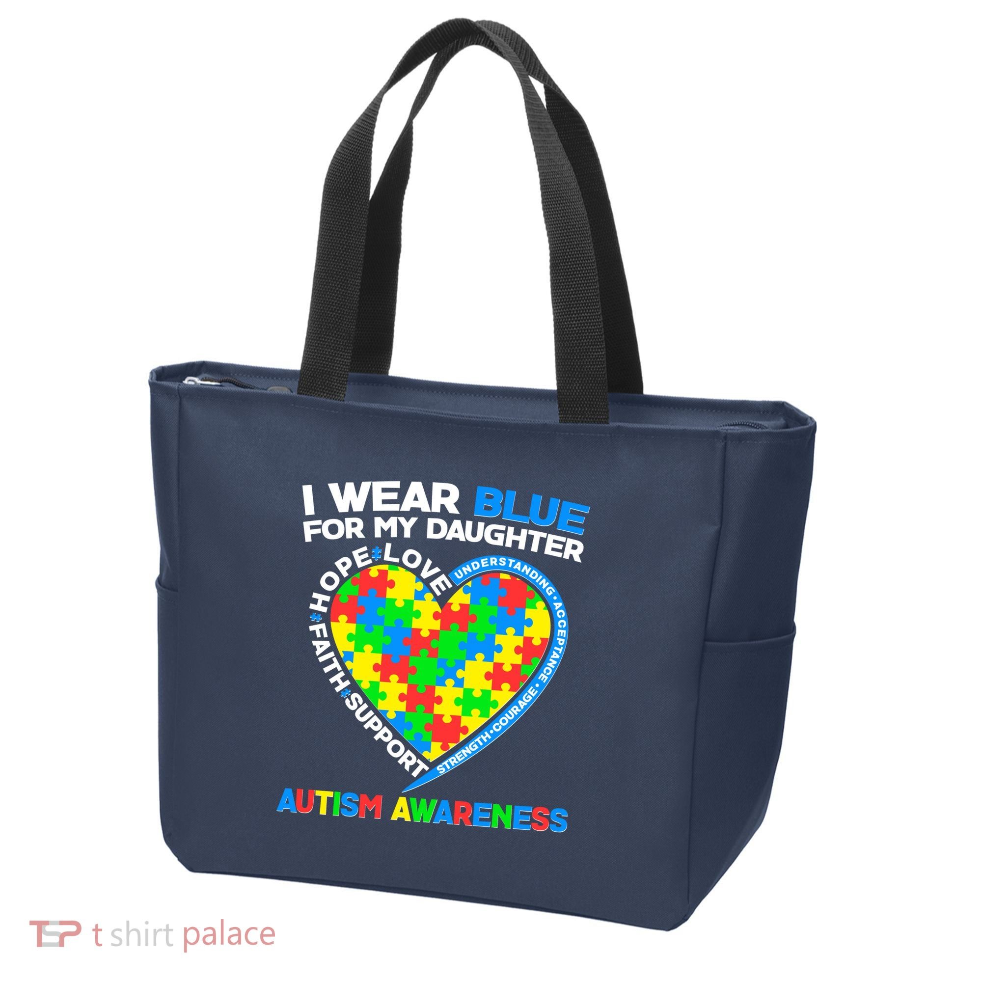 I Wear Blue For My Daughter Autism Awareness Heart Puzzle Tote Bag