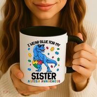 I Wear Blue For My Sister  Autism Awareness T-Rex Dinosaur Coffee Mug thumb 3