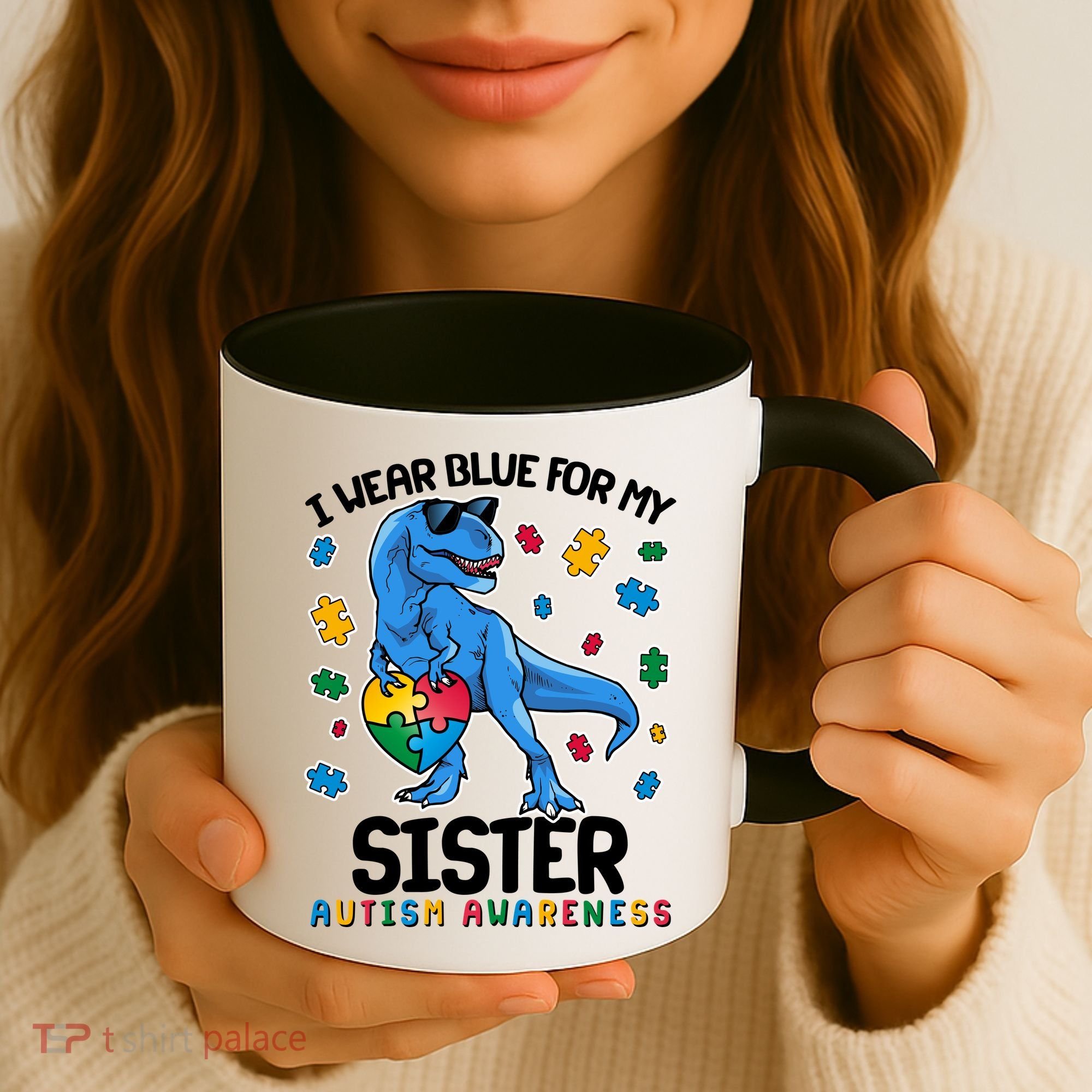 I Wear Blue For My Sister  Autism Awareness T-Rex Dinosaur Coffee Mug
