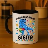 I Wear Blue For My Sister  Autism Awareness T-Rex Dinosaur Coffee Mug thumb 4