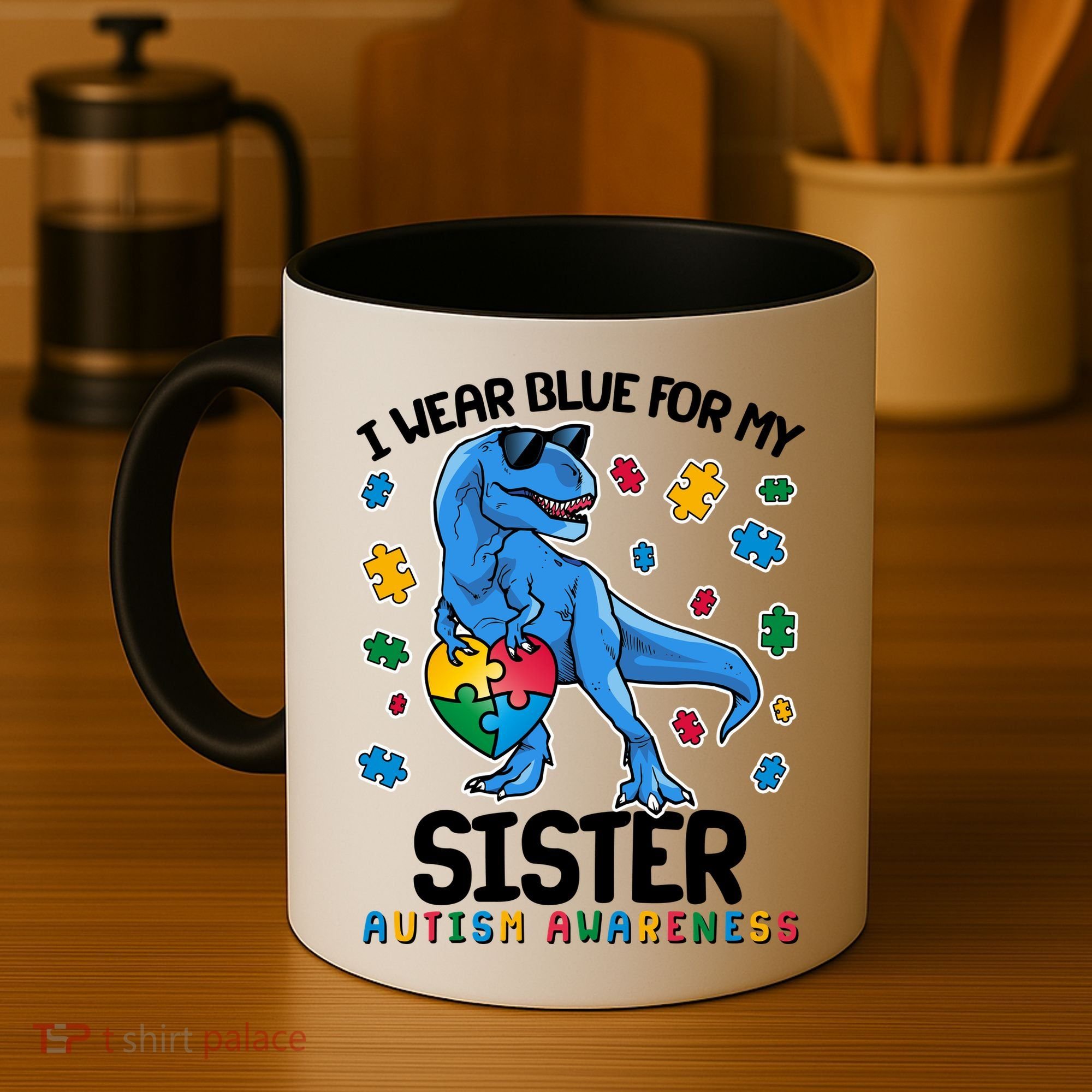 I Wear Blue For My Sister  Autism Awareness T-Rex Dinosaur Coffee Mug