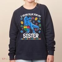 I Wear Blue For My Sister  Autism Awareness T-Rex Dinosaur Women's Sweatshirt thumb 0