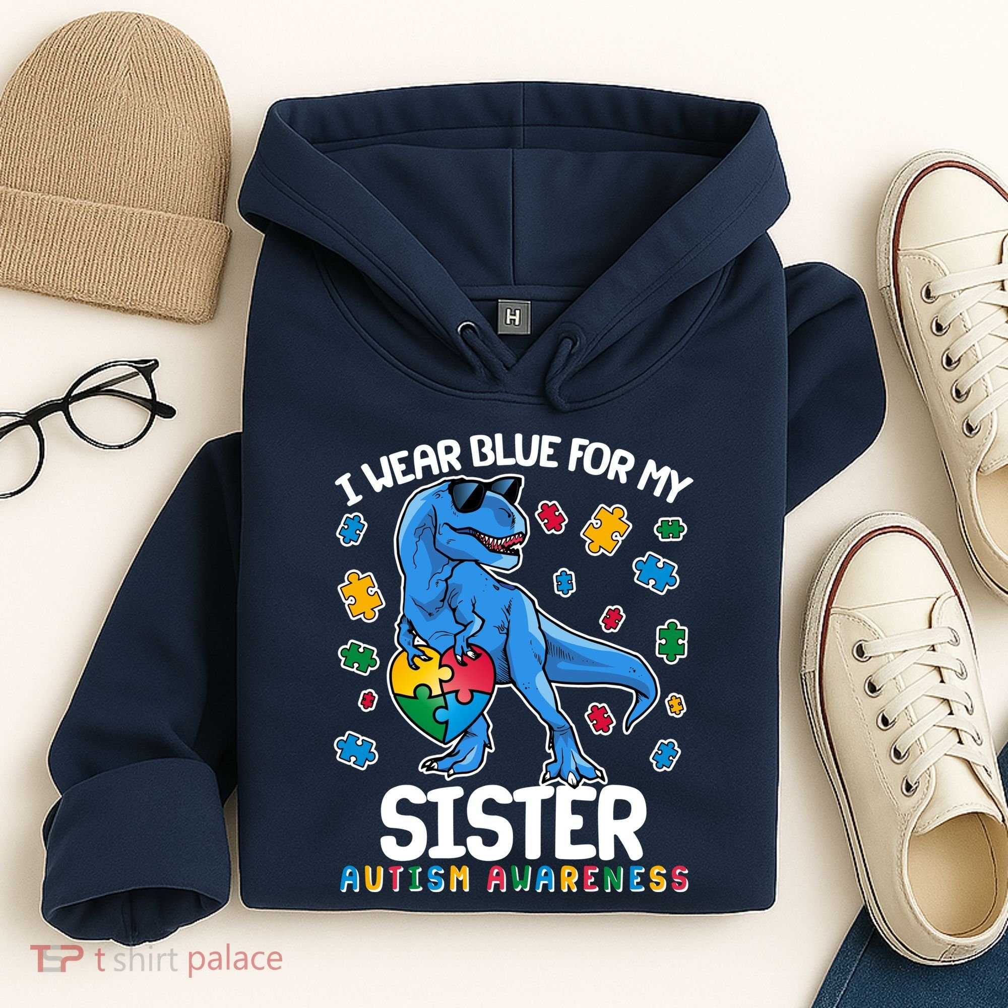 I Wear Blue For My Sister  Autism Awareness T-Rex Dinosaur Hoodie