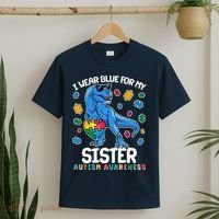 I Wear Blue For My Sister  Autism Awareness T-Rex Dinosaur T-Shirt thumb 2