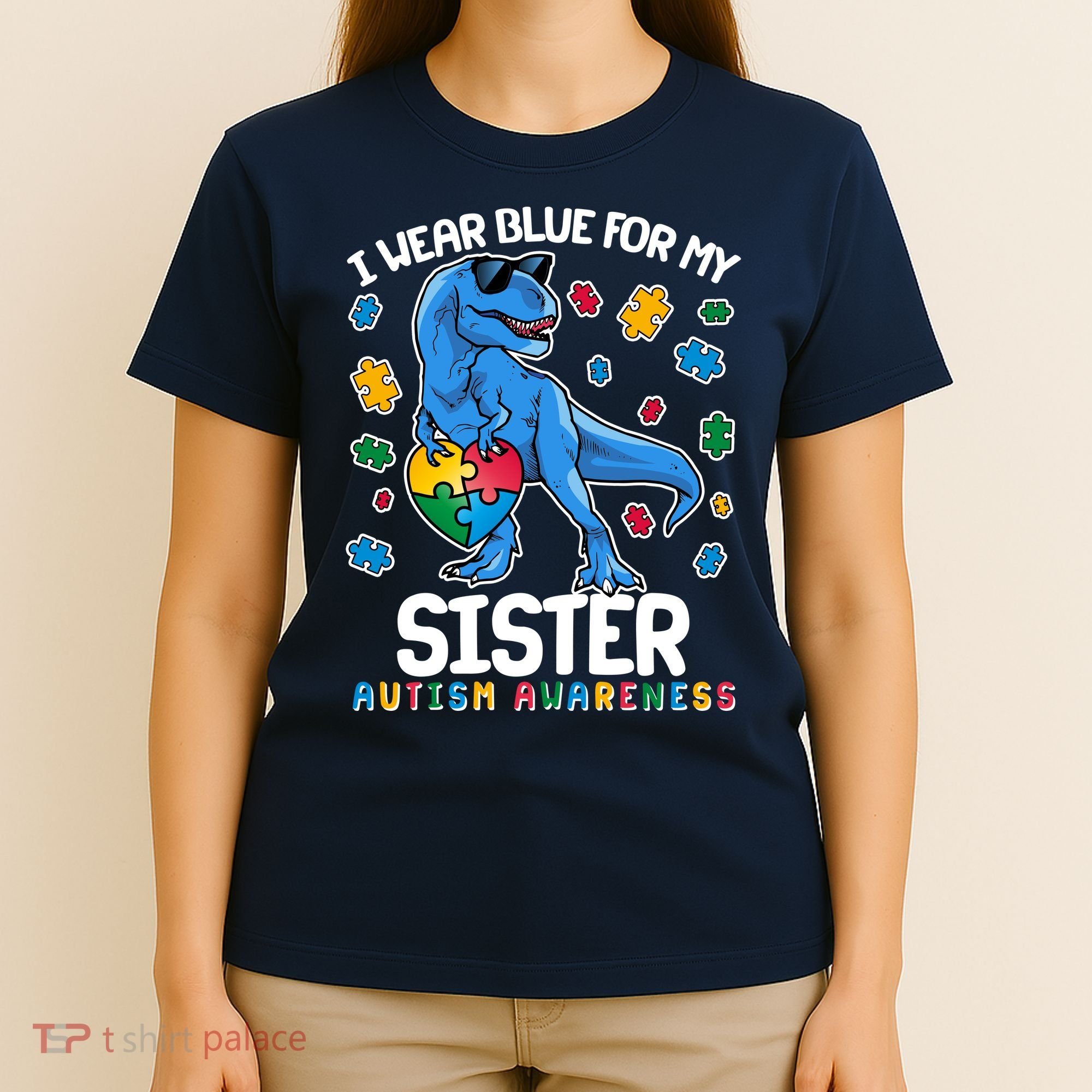I Wear Blue For My Sister  Autism Awareness T-Rex Dinosaur T-Shirt