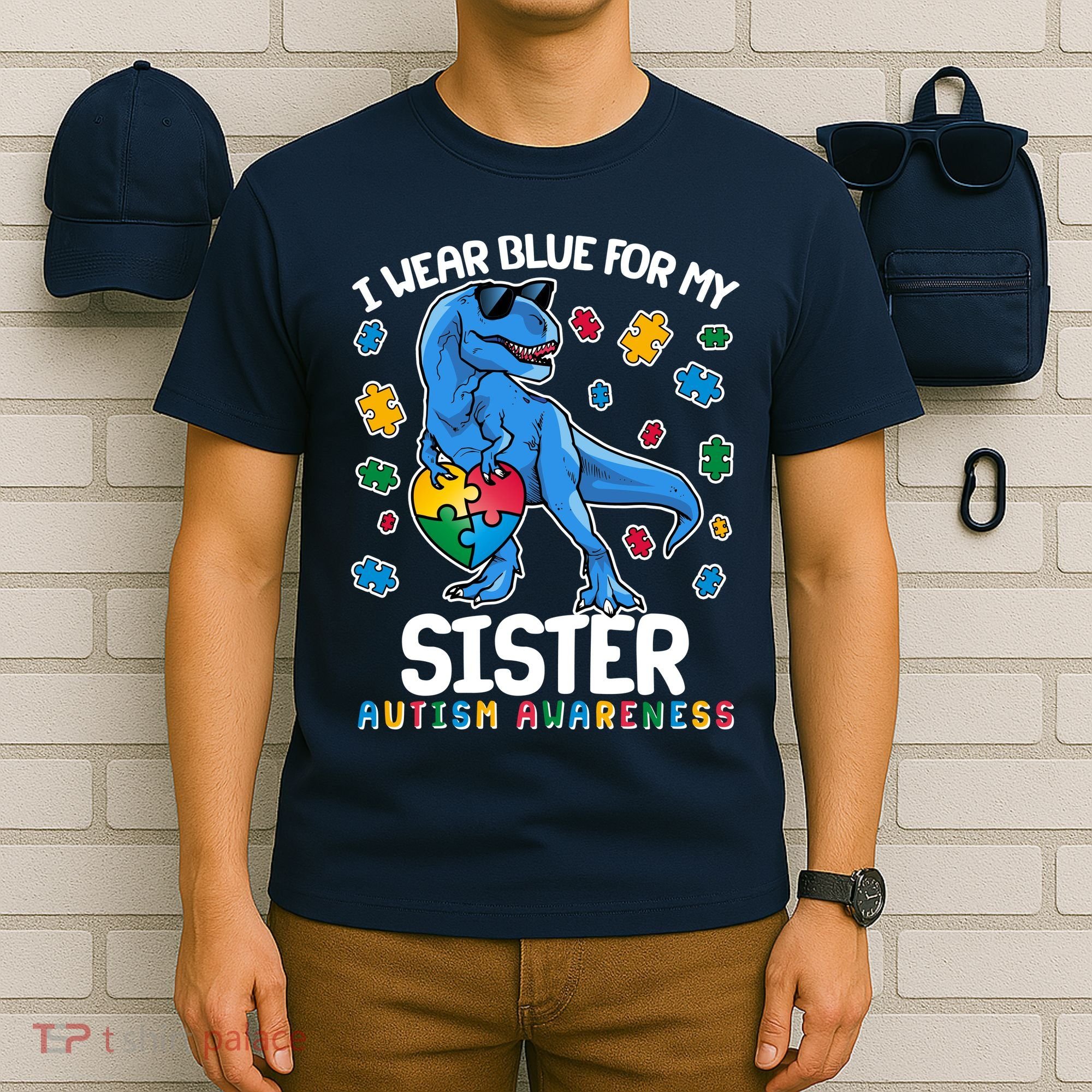 I Wear Blue For My Sister  Autism Awareness T-Rex Dinosaur T-Shirt