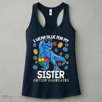 I Wear Blue For My Sister  Autism Awareness T-Rex Dinosaur Women's Tank Top thumb 3