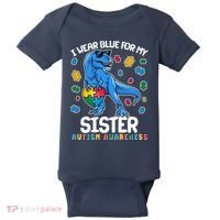 I Wear Blue For My Sister  Autism Awareness T-Rex Dinosaur Baby Bodysuit thumb 0