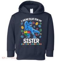 I Wear Blue For My Sister  Autism Awareness T-Rex Dinosaur Toddler Hoodie thumb 0