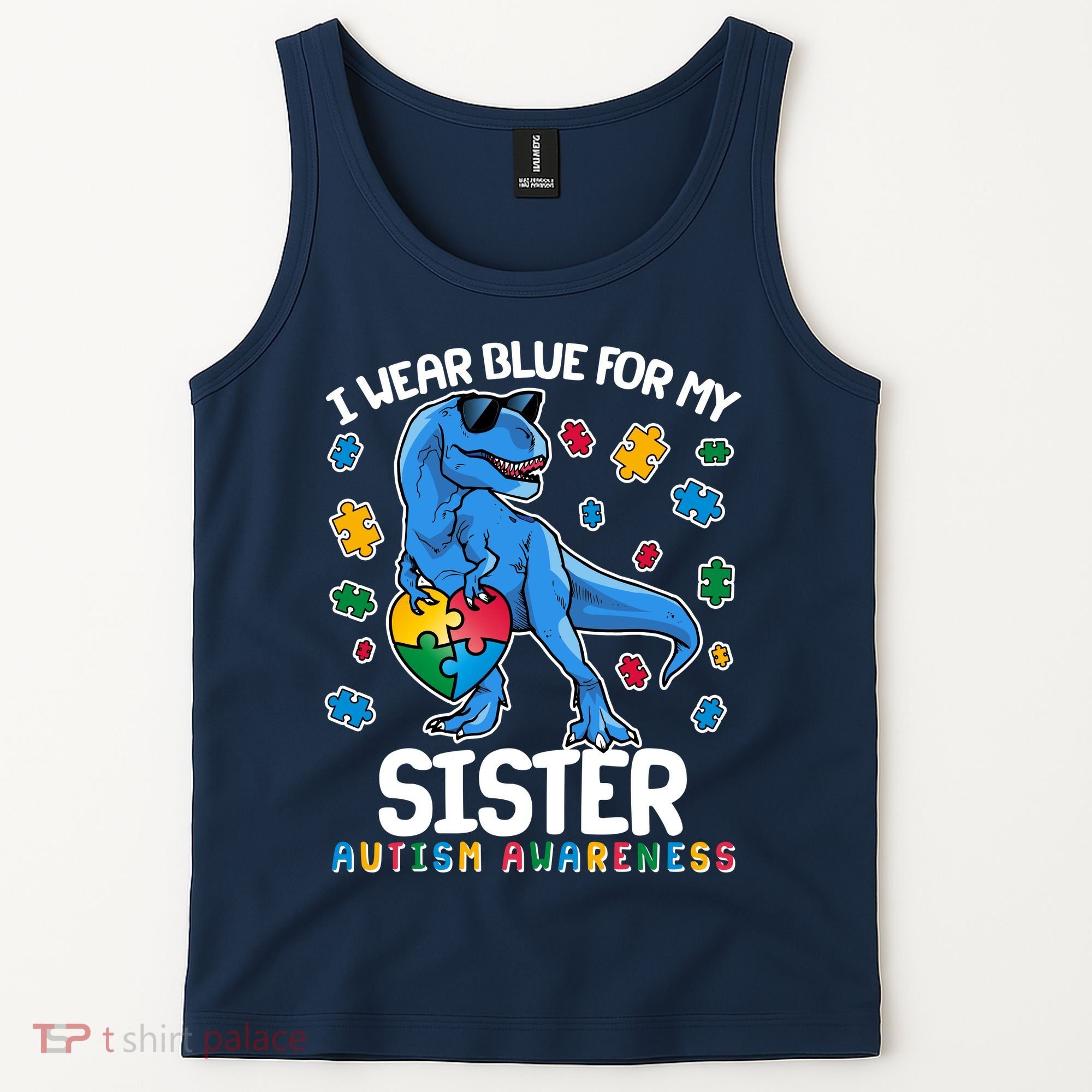 I Wear Blue For My Sister  Autism Awareness T-Rex Dinosaur Tank Top