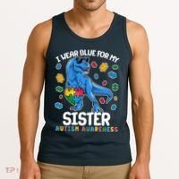 I Wear Blue For My Sister  Autism Awareness T-Rex Dinosaur Tank Top thumb 3