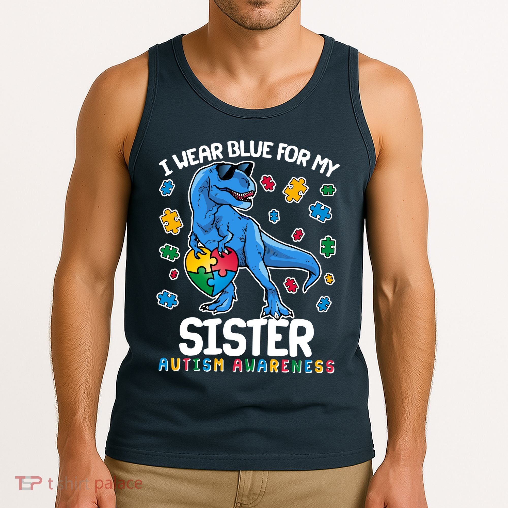 I Wear Blue For My Sister  Autism Awareness T-Rex Dinosaur Tank Top