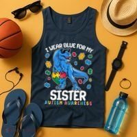 I Wear Blue For My Sister  Autism Awareness T-Rex Dinosaur Tank Top thumb 4
