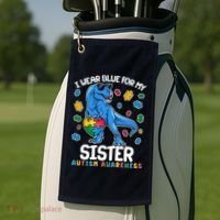 I Wear Blue For My Sister  Autism Awareness T-Rex Dinosaur Golf Towel thumb 2