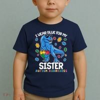 I Wear Blue For My Sister  Autism Awareness T-Rex Dinosaur Toddler T-Shirt thumb 2
