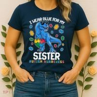 I Wear Blue For My Sister  Autism Awareness T-Rex Dinosaur Women's T-Shirt thumb 2