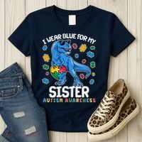 I Wear Blue For My Sister  Autism Awareness T-Rex Dinosaur Women's T-Shirt thumb 3